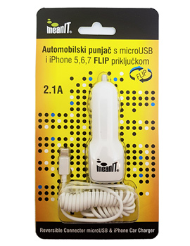 MEANIT AUTO PUNJAČ SA OBOSTRANIM MICRO USB I IPHONE5_6_7 UTIKAČEM 2.1A