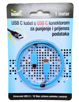 USB C kabel s USB C konektorom za punjenje i prijenos podataka 1m 2A