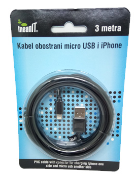 Kabel obostrani microUSB i Iphone 5,6,7,8 i X 3m