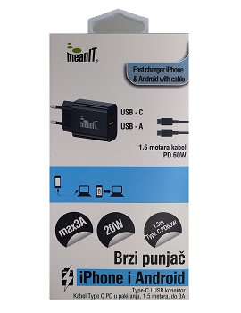 MEANIT KUĆNI BRZI PUNJAČ ZA IPHONE I ANDROID 20W SA KABELOM 1.5M