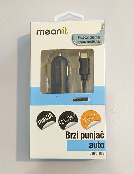MEANIT BRZI AUTO PUNJAČ SA USB C UTIKAČEM i USB PRIKLJUČKOM 20W